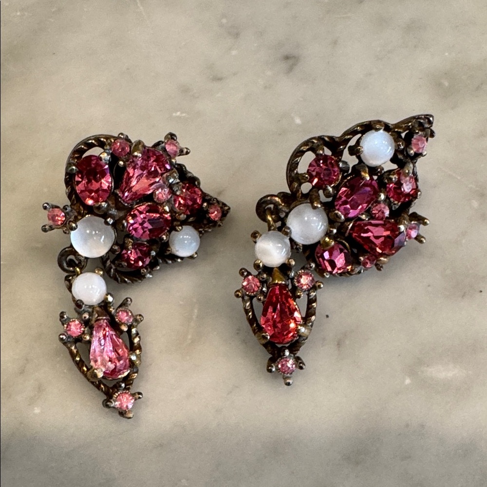 Vintage Hollycraft 1950 Pink Rhinestone and Moonstone Earrings